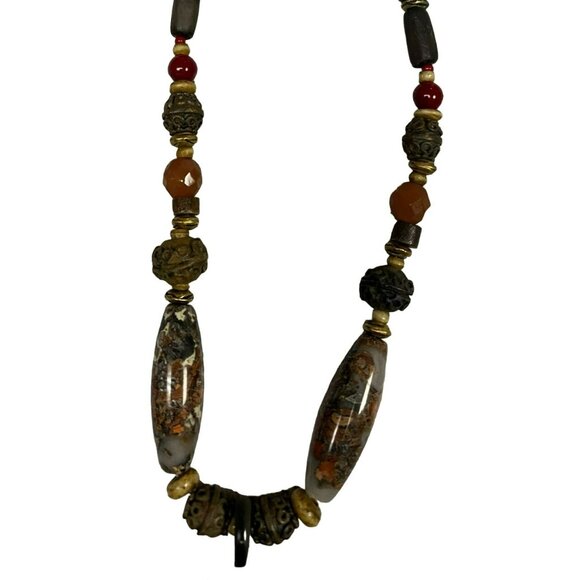 Chicos Signed VTG 16" Womens Necklace and Earrings Red Brown - Glass Beads with - Picture 7 of 7